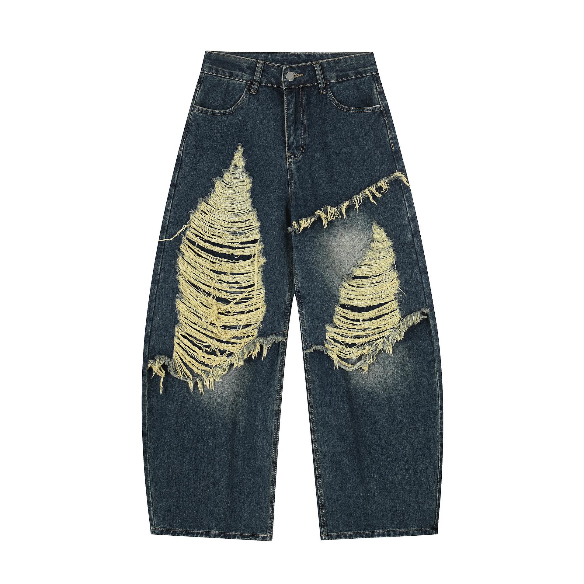 Tide brand American street washed erosive ripped jeans loose scimitar wide leg trousers S