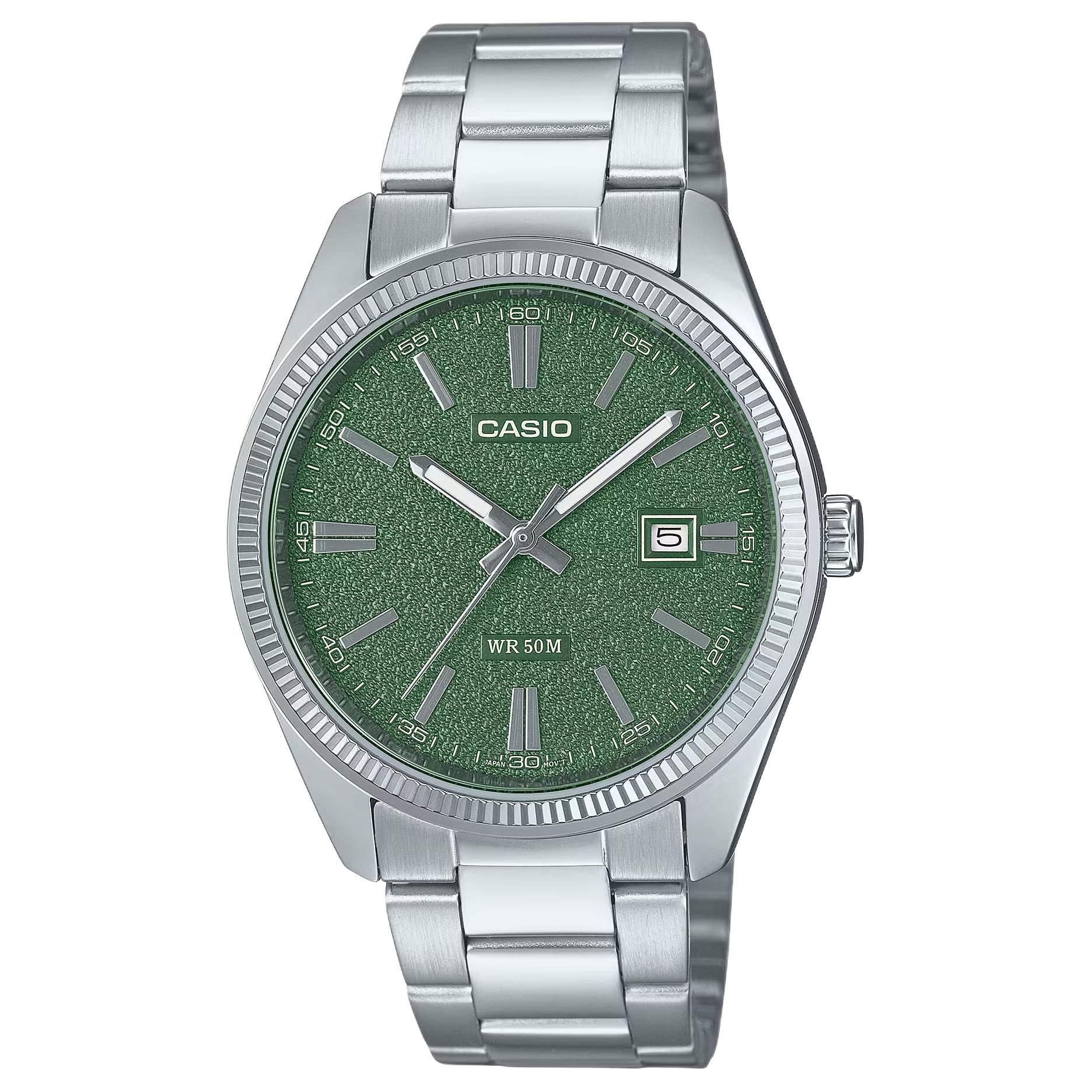 CASIO G SHOCK 50m Water Resistant Quartz Movement Stainless Steel Strap Watch Unisex Green Dial MTP-1302DA-3 Green Dial