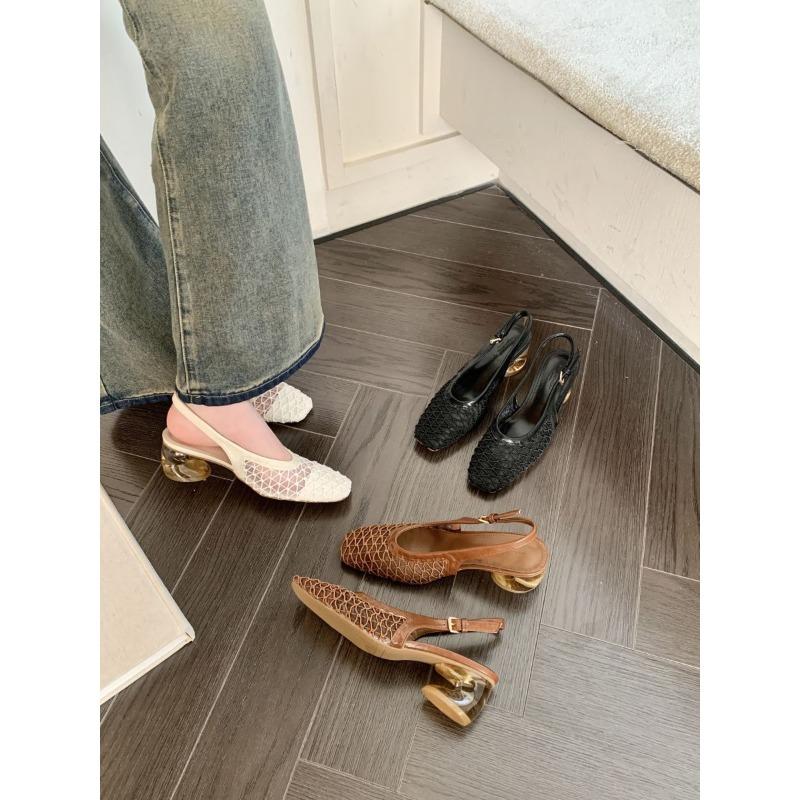 New Niche Design Square-toed Woven Flip-top Sandals for Women, Fashionable and Elegant, Coarse-heeled Mesh Hollowed-out Sandals