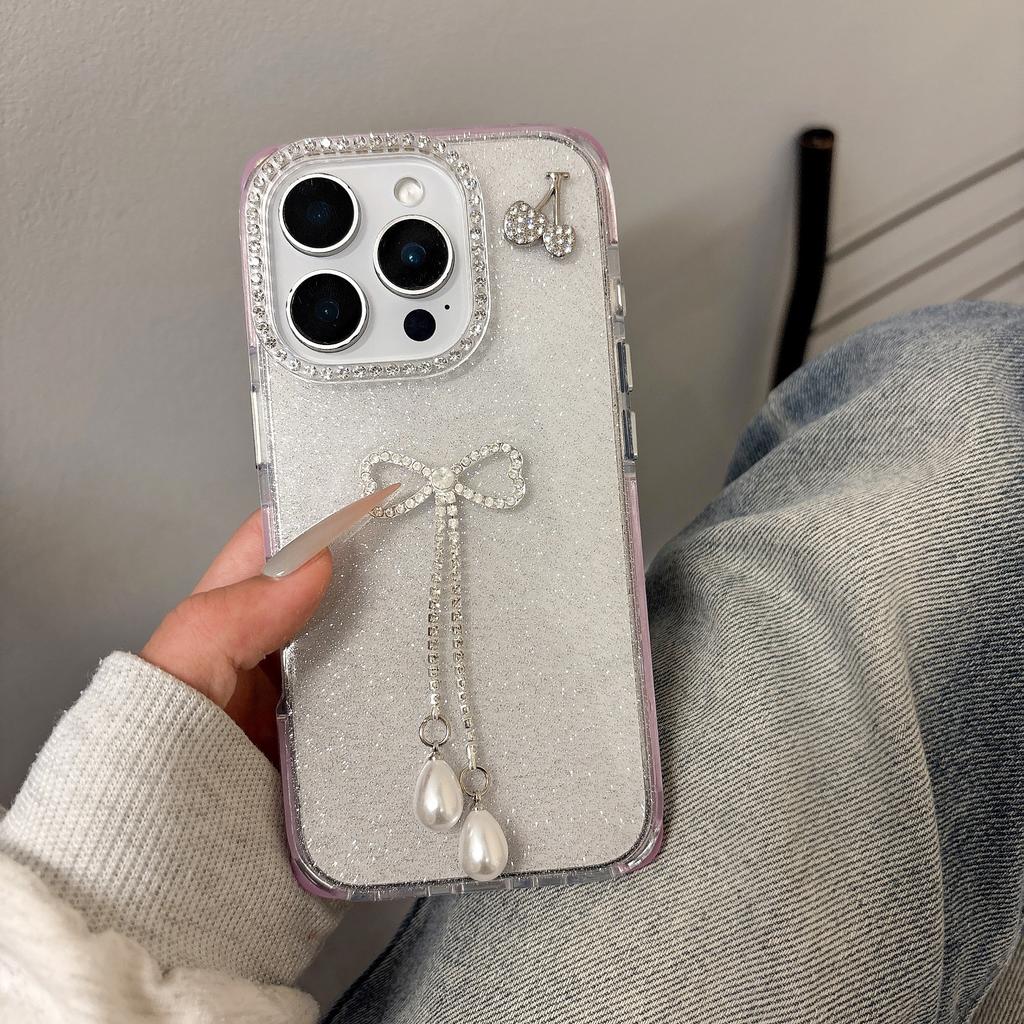 For iPhone 16 Pro Max Case Rhinestone Decor Glitter TPU Phone Cover with Bow Tassel