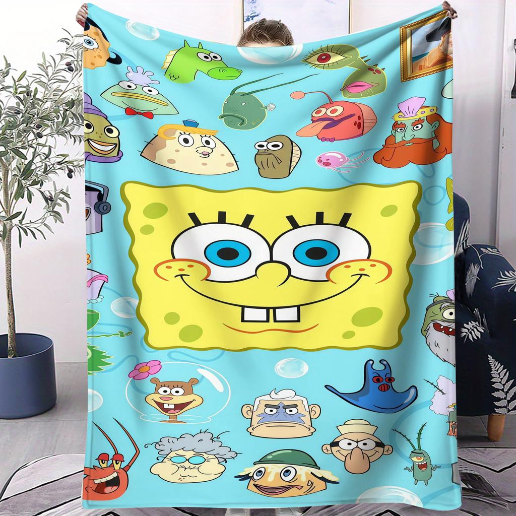 Multiple Cute SpongeBob Cartoon Print Pattern Flannel Blanket Soft Multifunctional Decortive Universal Throw Blanket Gift