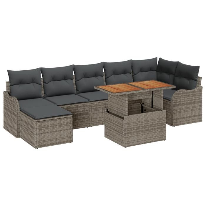 Ensemble de Canapé de Jardin 8 Pièces avec Coussins Gris Poly Rattan Acacia, Canapé de Jardin 2 Places avec Coussins Gris 3349488