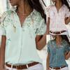 Vintage Casual Women Short Sleeve Button Up Blouse Loose Print Shirt Tops Office Female Spring Fashion