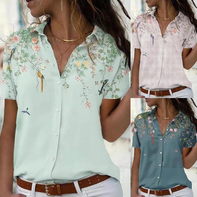 Vintage Casual Women Short Sleeve Button Up Blouse Loose Print Shirt Tops Office Female Spring Fashion