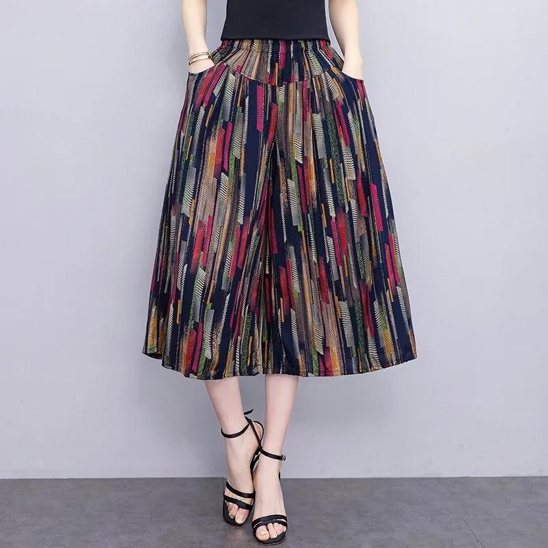 Summer Wide Leg Pants Women Ethnic Style Elastic High Waist Print Pants Female Casual Summer Calf-Length Pants Skirts
