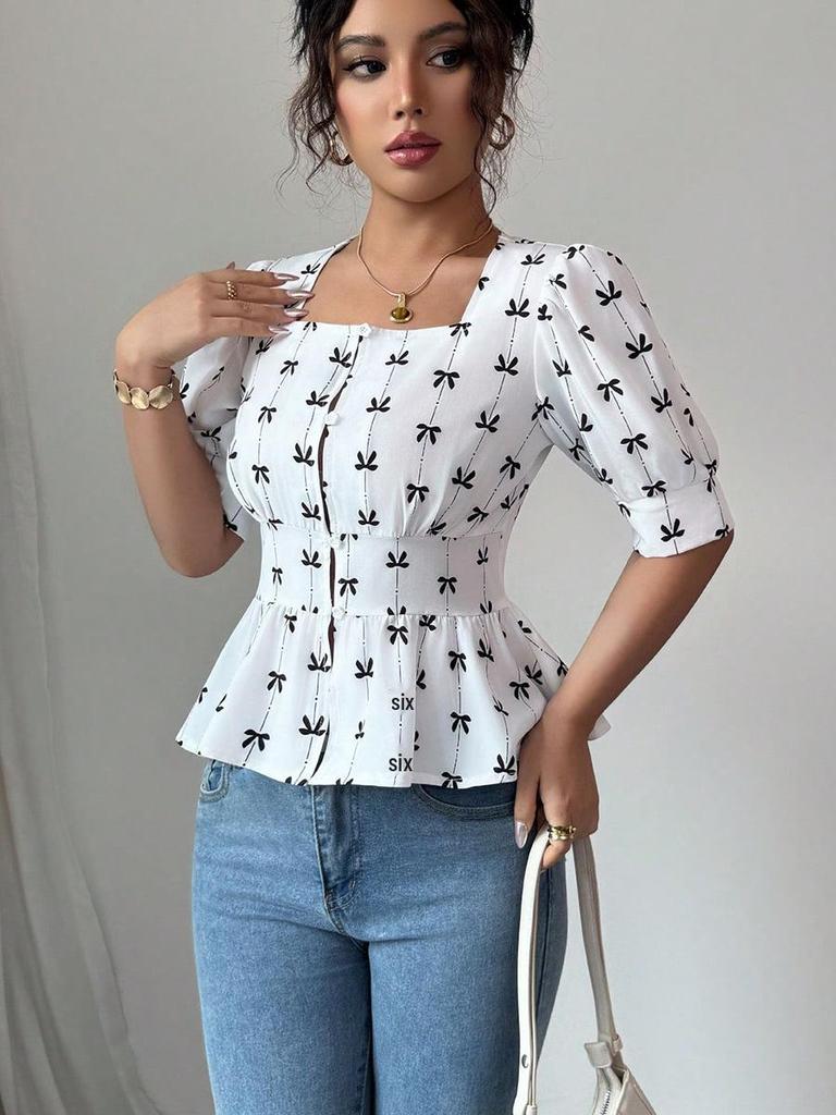 Summer European & American Style Square-Neck Peplum Cardigan Shirt - Women's Short-Sleeve