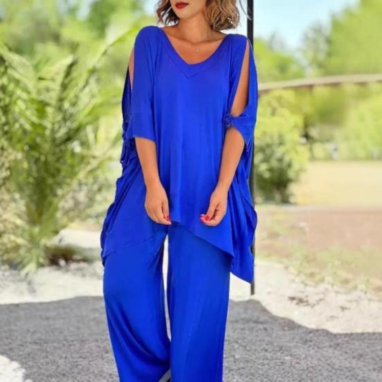 Boho Damen lockeres zweiteiliges Set lässiger Pullover-Top mit kurzen Ärmeln