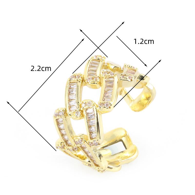 Elegant Open Adjustable Zircon Pinky Ring: Luxurious Full Diamond Chain Design In High-End Copper