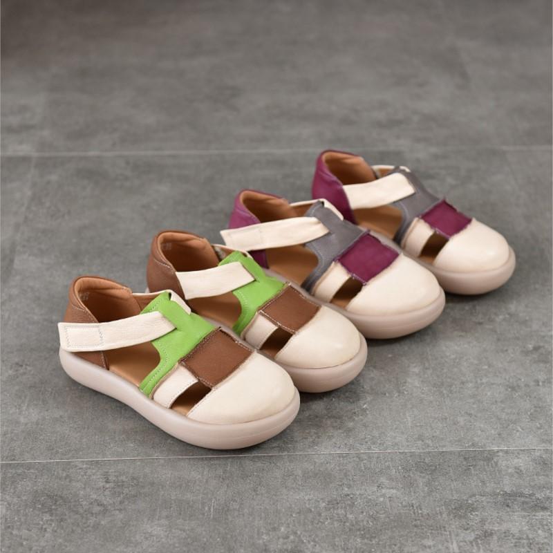 Johnature Genuine Leather Mixed Colors Hollow-out Sandals Casual Round Toe Thick Soled Women's Shoes