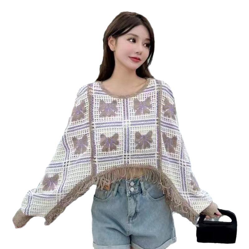 Spring & Autumn Crocheted Tassel Cardigan - Women's Long Sleeve Knit with Hollow Design