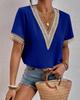 Plus Size Women's V Neck Lacework Loose Top Short Sleeve Casual T-Shirt Woman Blouses & Shirts