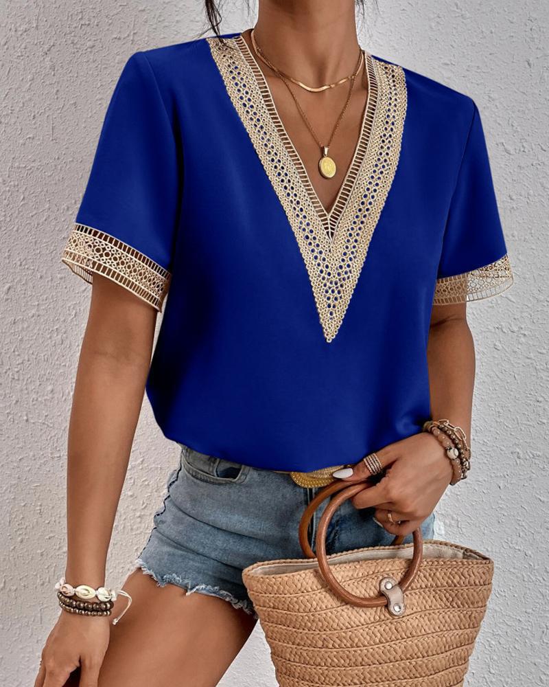 Plus Size Women's V Neck Lacework Loose Top Short Sleeve Casual T-Shirt Woman Blouses & Shirts