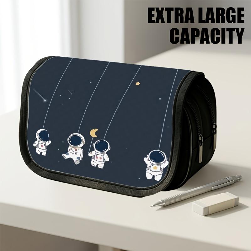 1pc Double Layer Flip Pencil Case, Astronauts In Space, Large Capacity, Portable Polyester Pen Storage Bag with Zipper Closure, Ideal for School & Off