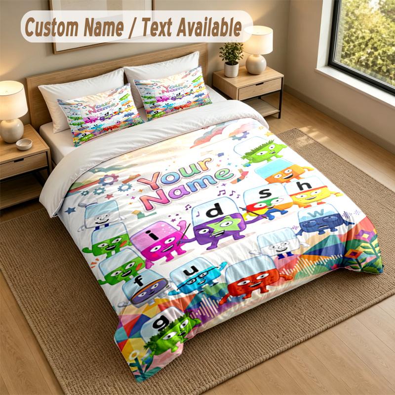Custom Name Text Bedding 3Pcs Set,Alphablocks 1 Duvet Cover 2 Pillowcases Soft Bed Linen For Gift