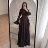 Abito Lungo da Donna con Scollo Alto e Maniche Lunghe Vestibilità Larga Monocromatico Chiffon con Volant e Orlo Arricciato Maniche a Svasatura Abito da Sera