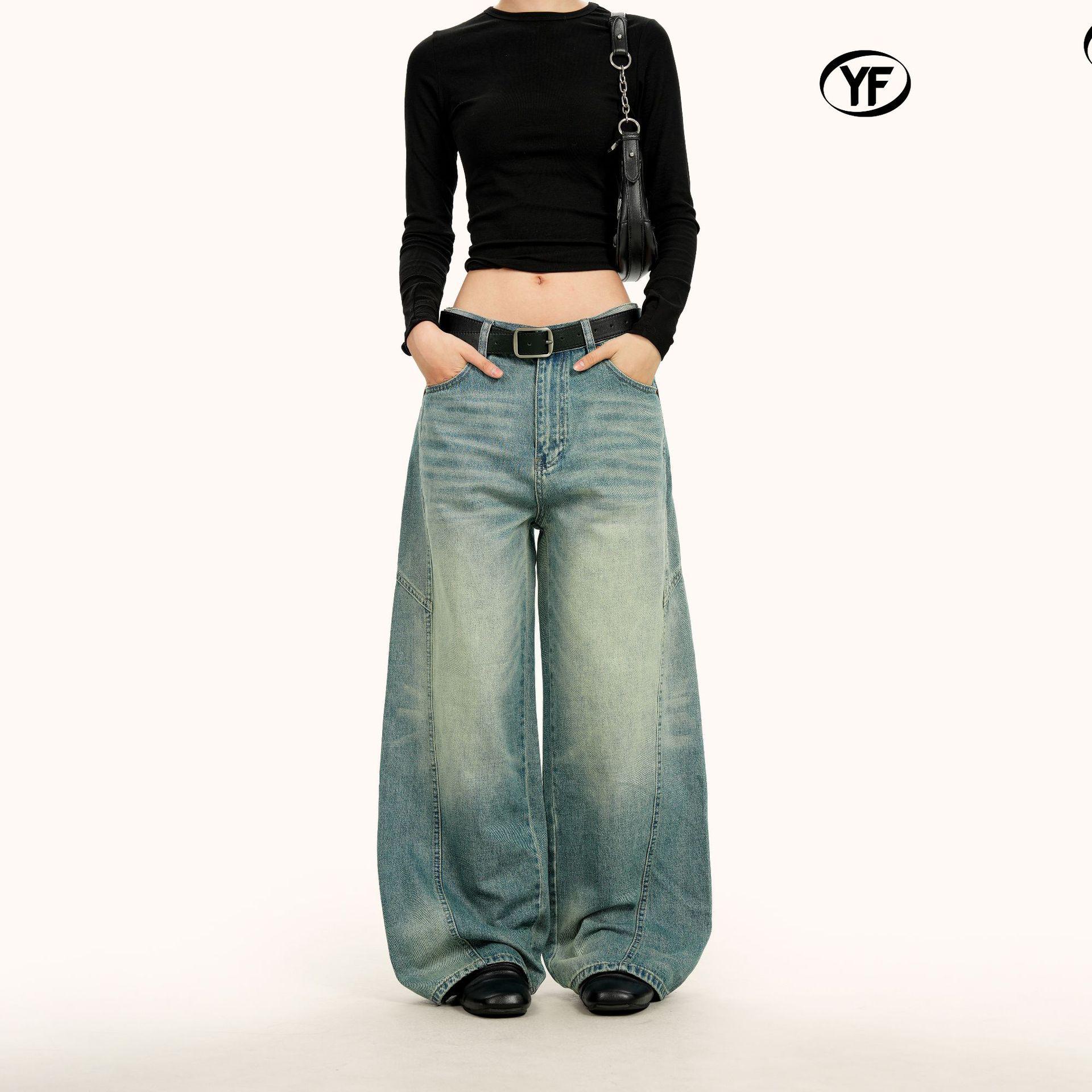 Yongfang Unisex Retro Washed Blue Jeans: Loose Fit, Deconstructed Patchwork, Frayed, Curved Wide Leg Pants Medium