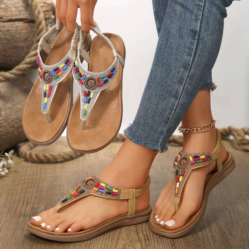 Summer Bohemian Style Flat Sandals for Women Clip Toe Sandals Woman Retro Summer Casual Beach Shoes Anti Slip Flip Flops