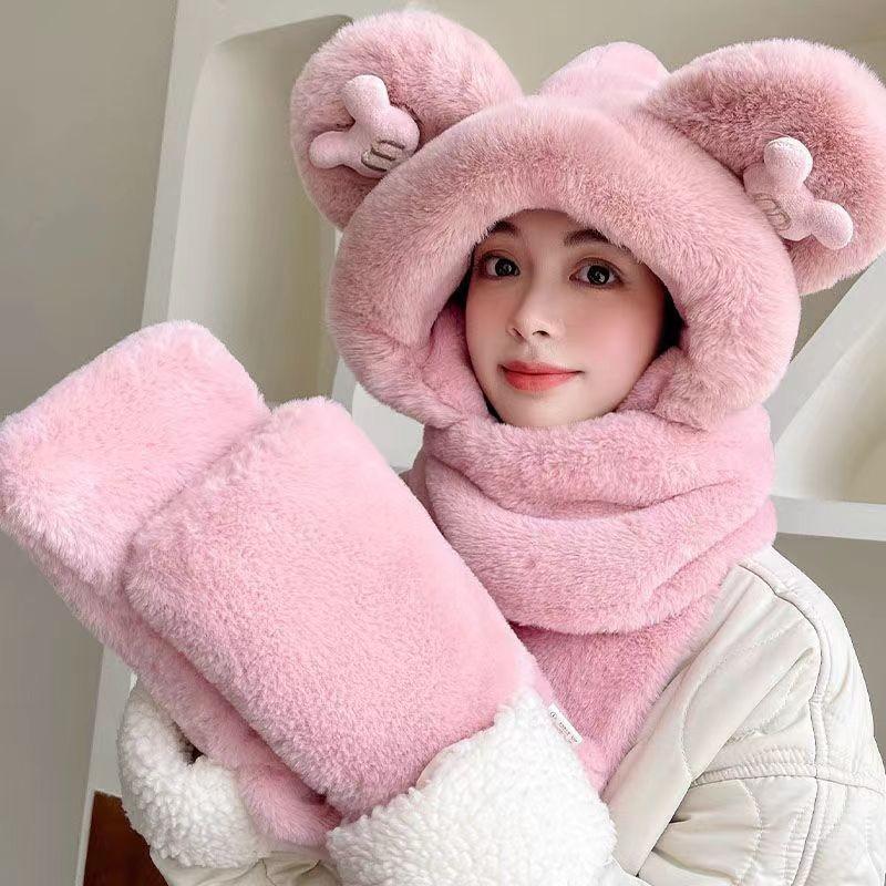 Bear hat women's winter versatile scarf integrated thickened cute cycling ear protection warm scarf three-piece set