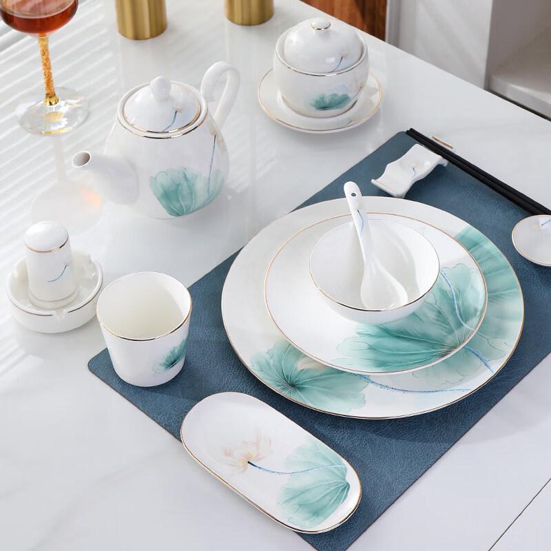 Elegant Gold Rim Lotus Ceramic Dinnerware Set