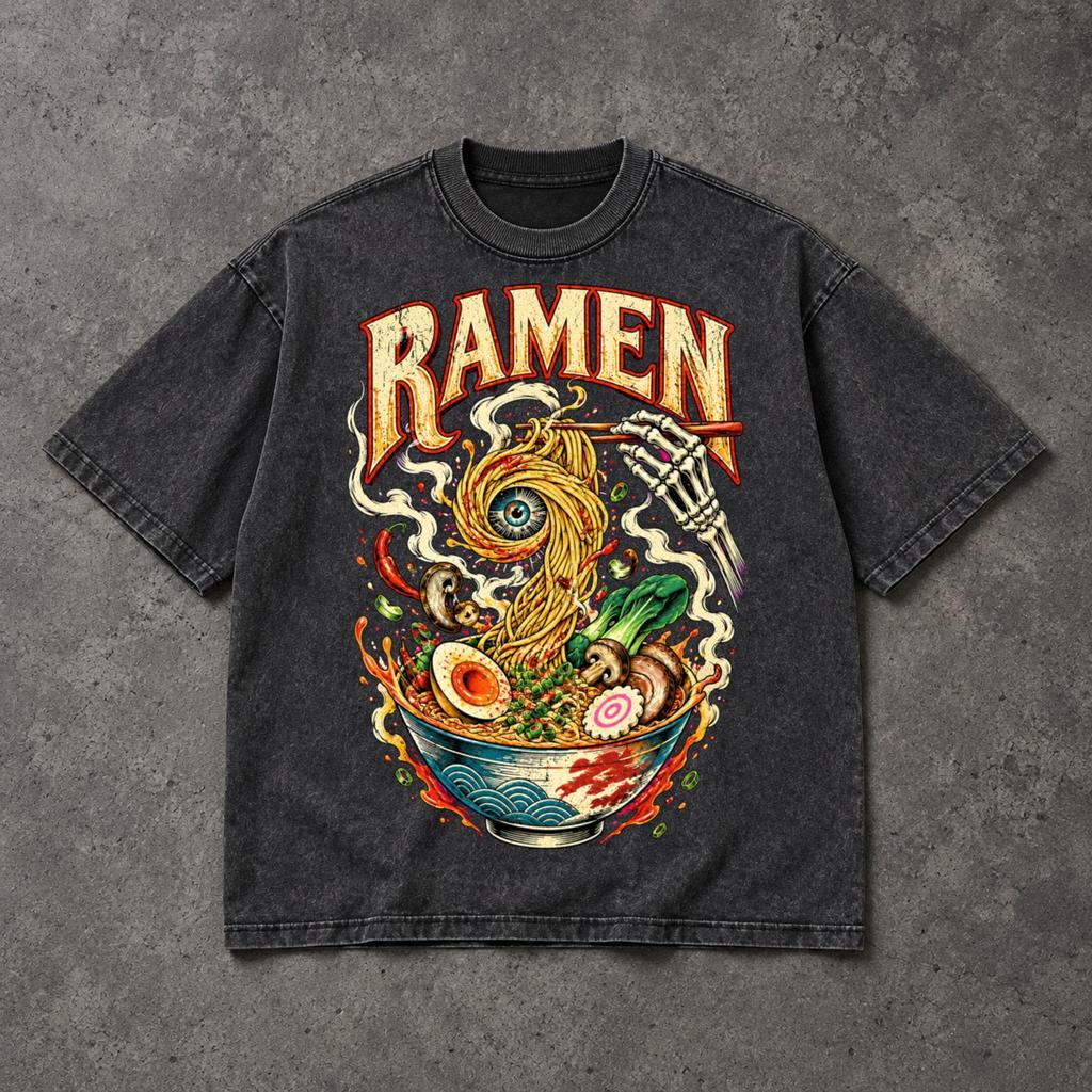 Ramen Shirt | Acid Wash Oversized Graphic Tee | Skeleton Noodle Streetwear | Heavyweight Vintage Food T-Shirt