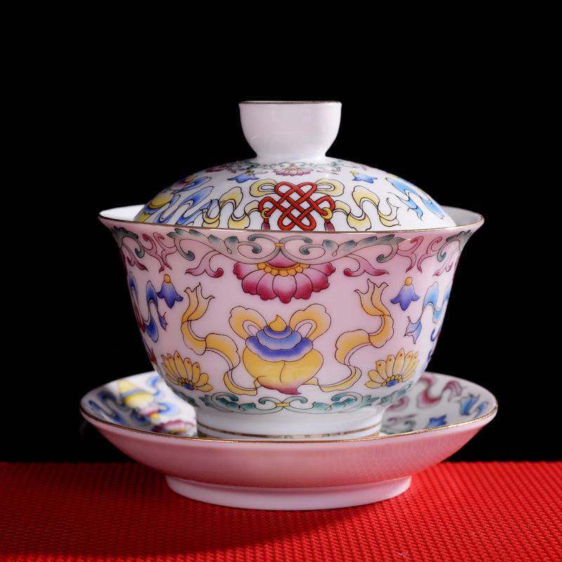 HMLOVE Color Enamel Sancai Gaiwan White Porcelain Cover Bowl Lid Saucer Big Tea Cup Handmade Tureen Travel Teaware Set Gift