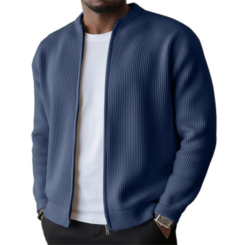 Cardigan da uomo con zip intera a coste - Tessuto a maglia morbida, Collo alto, Vestibilità rilassata per l'uso quotidiano e casual