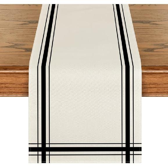 Artoid Mode Black Simple French Stripe Table Runner, Seasonal Spring Summer Kitchen Dining Table Decoration for Home Party Decor 13x72 Inch