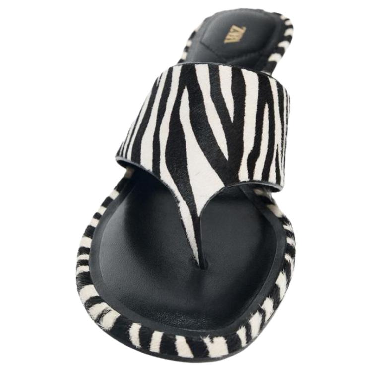 Zara Fashion Slip-On Cowhide Sandals Women Footwear Black White 2367510202