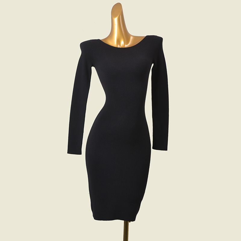 Foreign Trade Original Order Brand Minimalist Silm Soft Glutinous Thermal Dress European and American Style Boat Neck Stretchy Slim-Fit Bodycon Dress