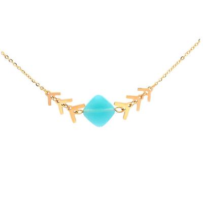 [Q0936] - Designer Steel Necklace 'Boho' Turquoise Gold - Lozange 12x12 Mm