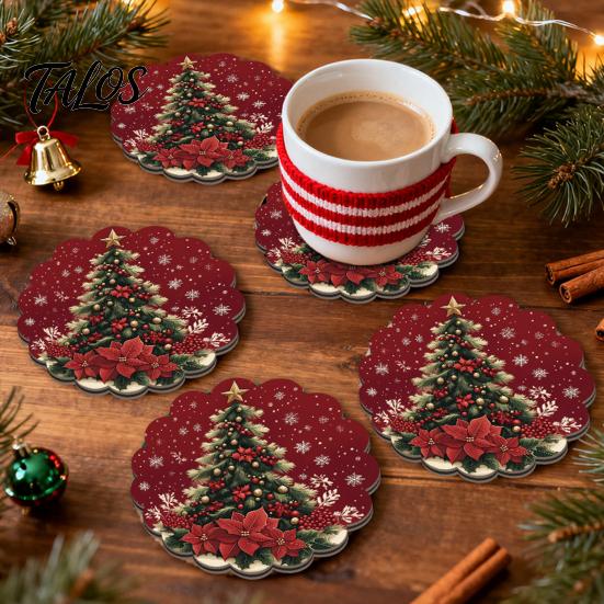 Rutschfeste Holzmatten 4/6 Stück Weihnachts-Tier-Untersetzer, Festliche Karomuster-Blumen-Runde Getränkebecher-Untersetzer Matten, Tischdekorationen für Zuhause Büro