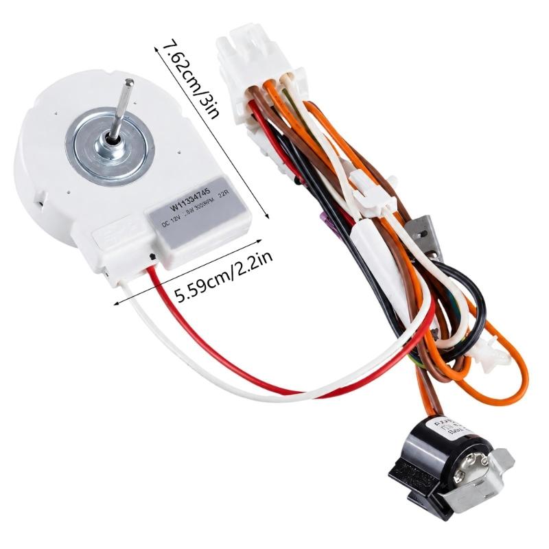 Refrigerator Evaporator Fan Motor W11334745, White Replacement Assembly Featuring a Multicolor Wire Harness, White Connector, and Metal Shaft