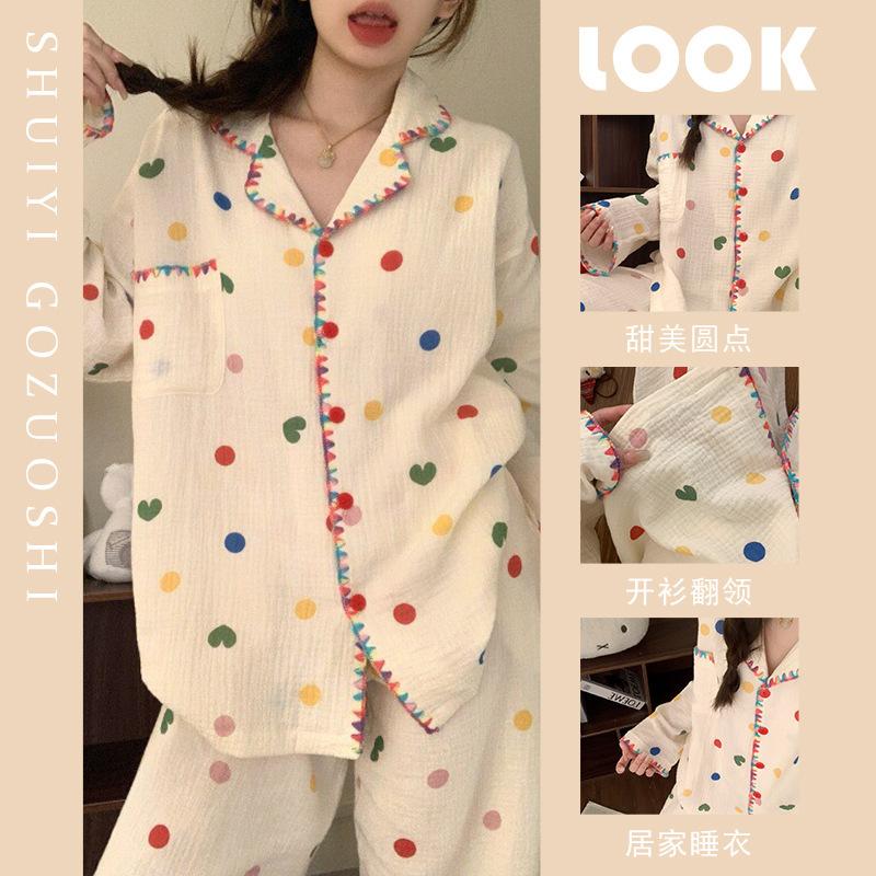 Autumn sweet love polka dot printing pajamas women s spring and autumn long-sleeved splicing loungewear new autumn suit M