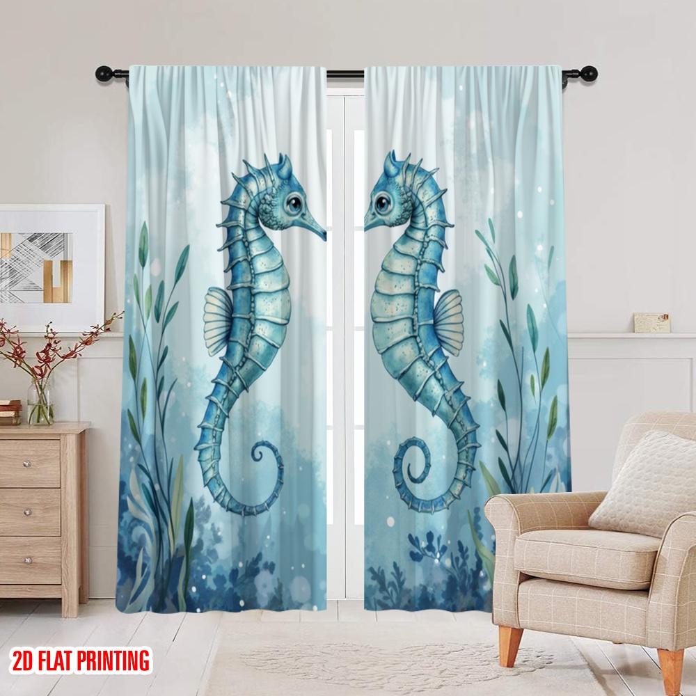 2pcs,2D plane printing Window Curtain Seahorse Duet Polyester Fabric (without rod) Art Deco Festive Perfect for Living Room,