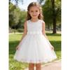 Girls' White Lace Mesh Princess Dress Sleeveless Round Neck Beaded Flower Girl Skirt Children's Wedding Bridesmaid Birthday Party Performance Dress