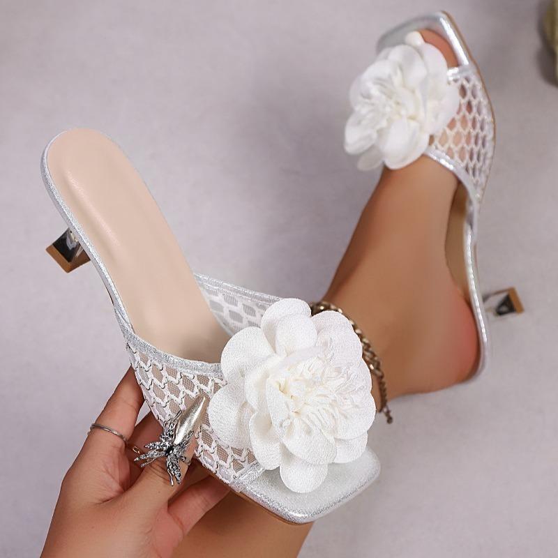 Flower Mesh Women High Heels Slippers Square Toe Heeled Shoes New Sandals Designer 2025 Summer Sexy Pumps Woman Dress Zapatillas