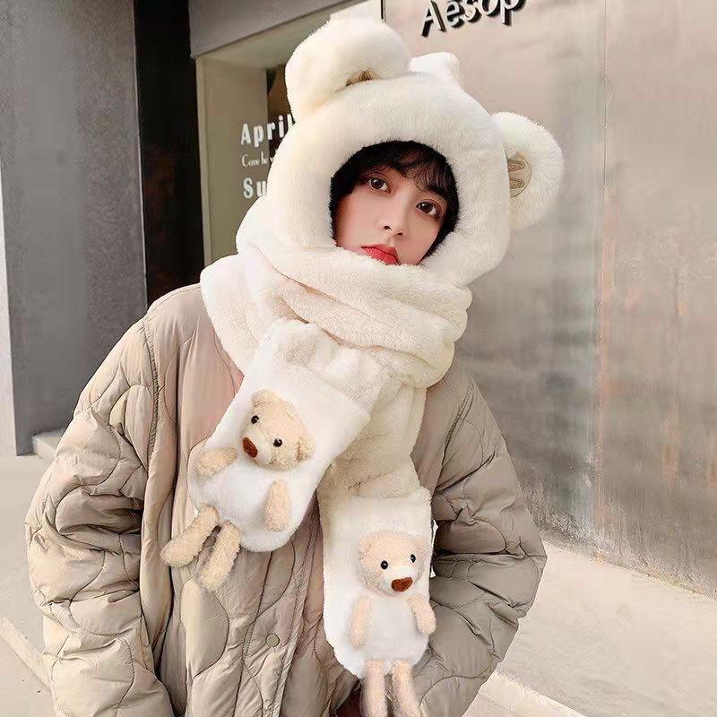 Three-piece hat set for women, autumn and winter, with fleece lining, thickened, integrated scarf and gloves, plush, warm, Korean style, ear
