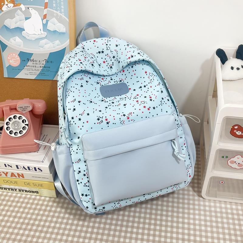 Star Print Backpack with Front Pocket and Side Drawstring Pockets for School and Casual Use