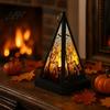 Vintage Style Table Lamp Halloween Lantern LED Candle, Spooky Pumpkin Witch Tabletop Decor with Retro Triangular Wind Metal Hanger, Electronic