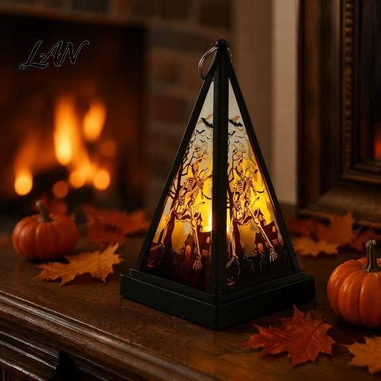 Vintage Style Table Lamp Halloween Lantern LED Candle, Spooky Pumpkin Witch Tabletop Decor with Retro Triangular Wind Metal Hanger, Electronic