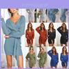 Elegant Women's V-neck Bodycon Jumper Dress With Long Sleeves And Tie Belt