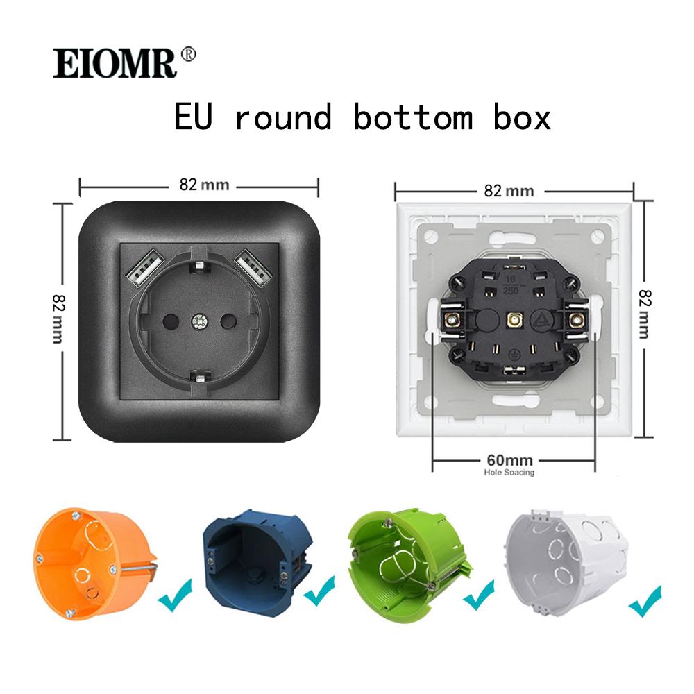EIOMR EU Standard Power Socket with Iron Claw Black Flame Retardant PC Panel 110-250V Wall Socket 16A Suitable for Round Box