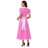 Women French Maid Dress Satin Lapel Collar Lace Trim Short Sleeve Wet Look PU Maxi Apron Costume