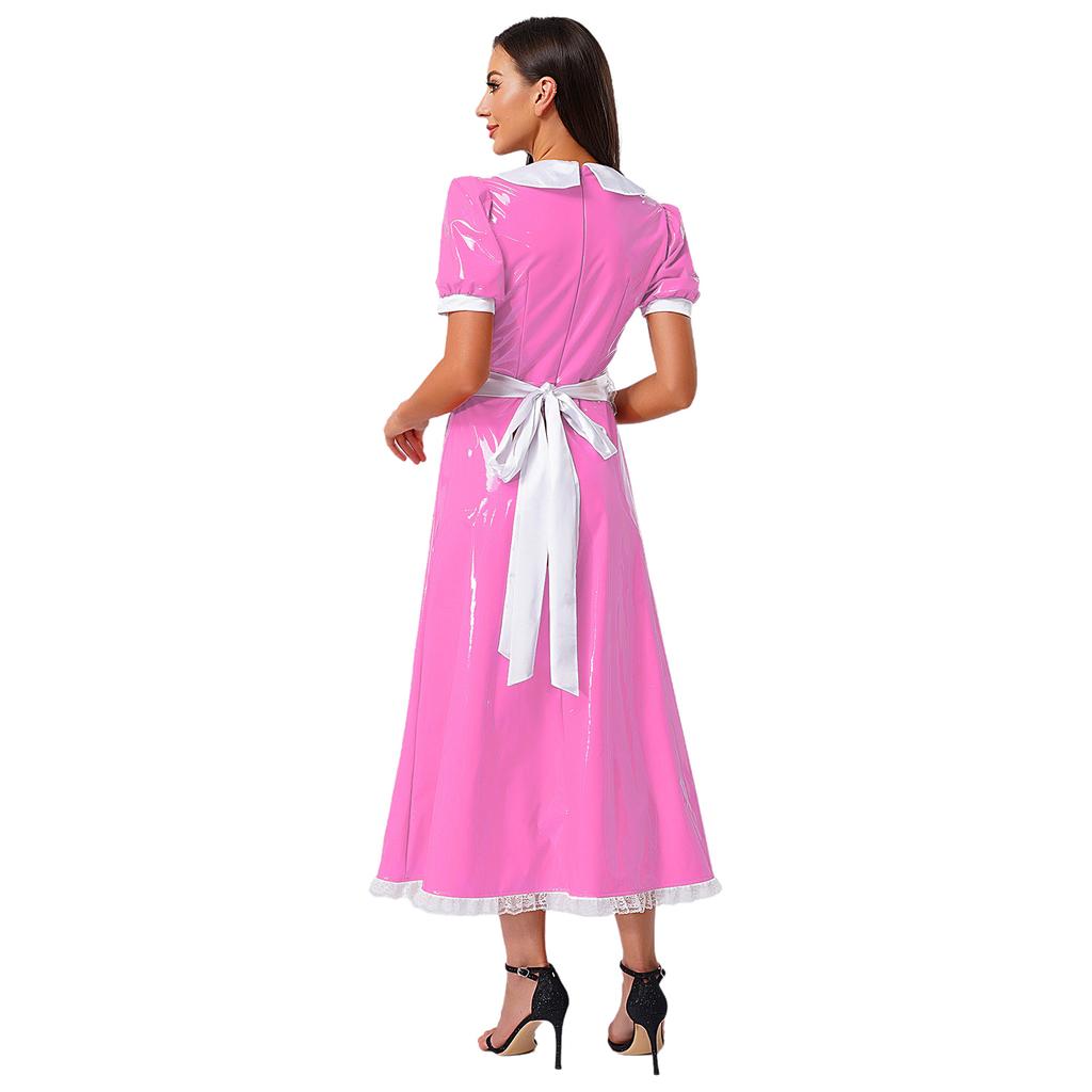Women French Maid Dress Satin Lapel Collar Lace Trim Short Sleeve Wet Look PU Maxi Apron Costume