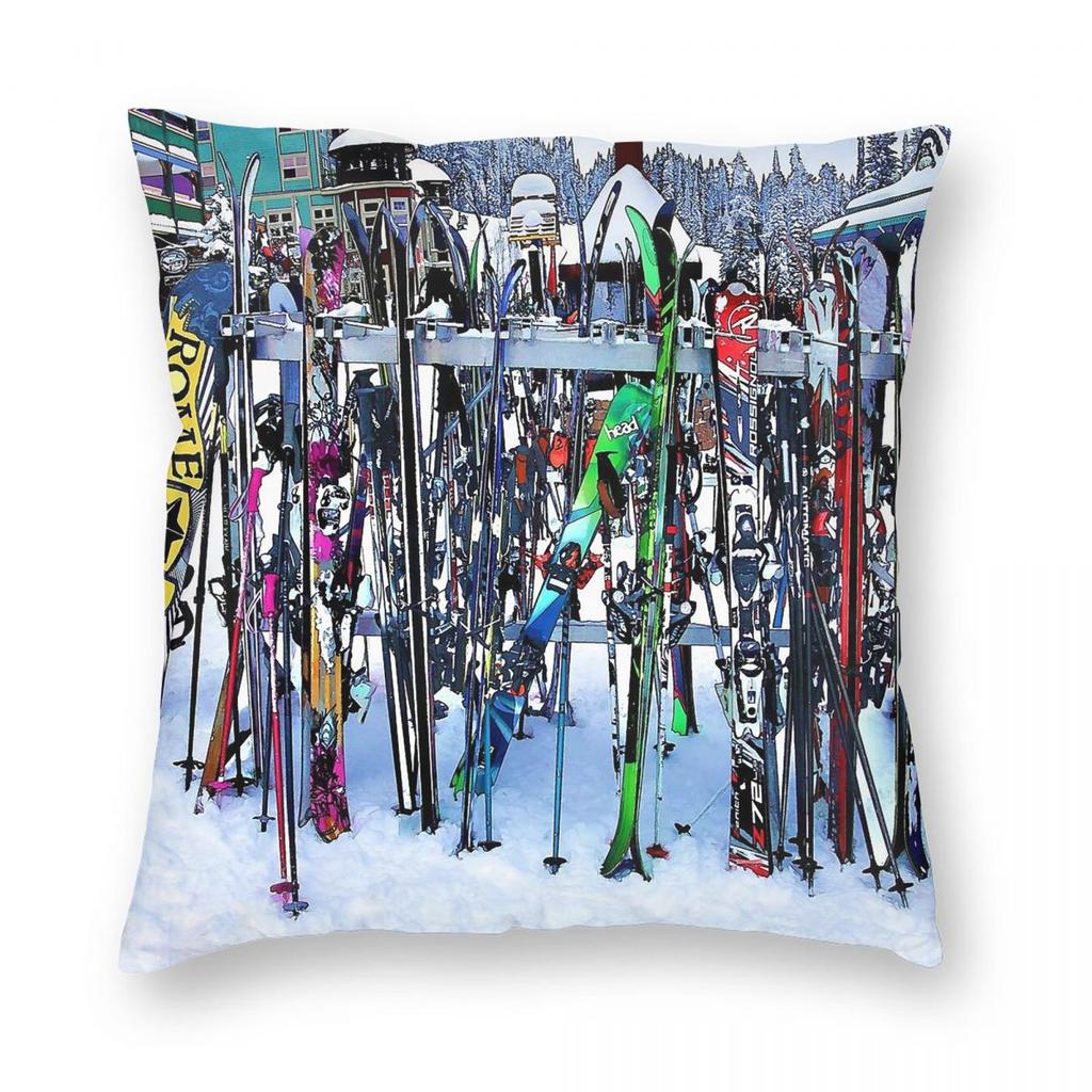 Ski Party Skis And Poles Pillowcase Polyester Linen Velvet Creative Zip Decor Throw Pillow Case Sofa Cushion Cover