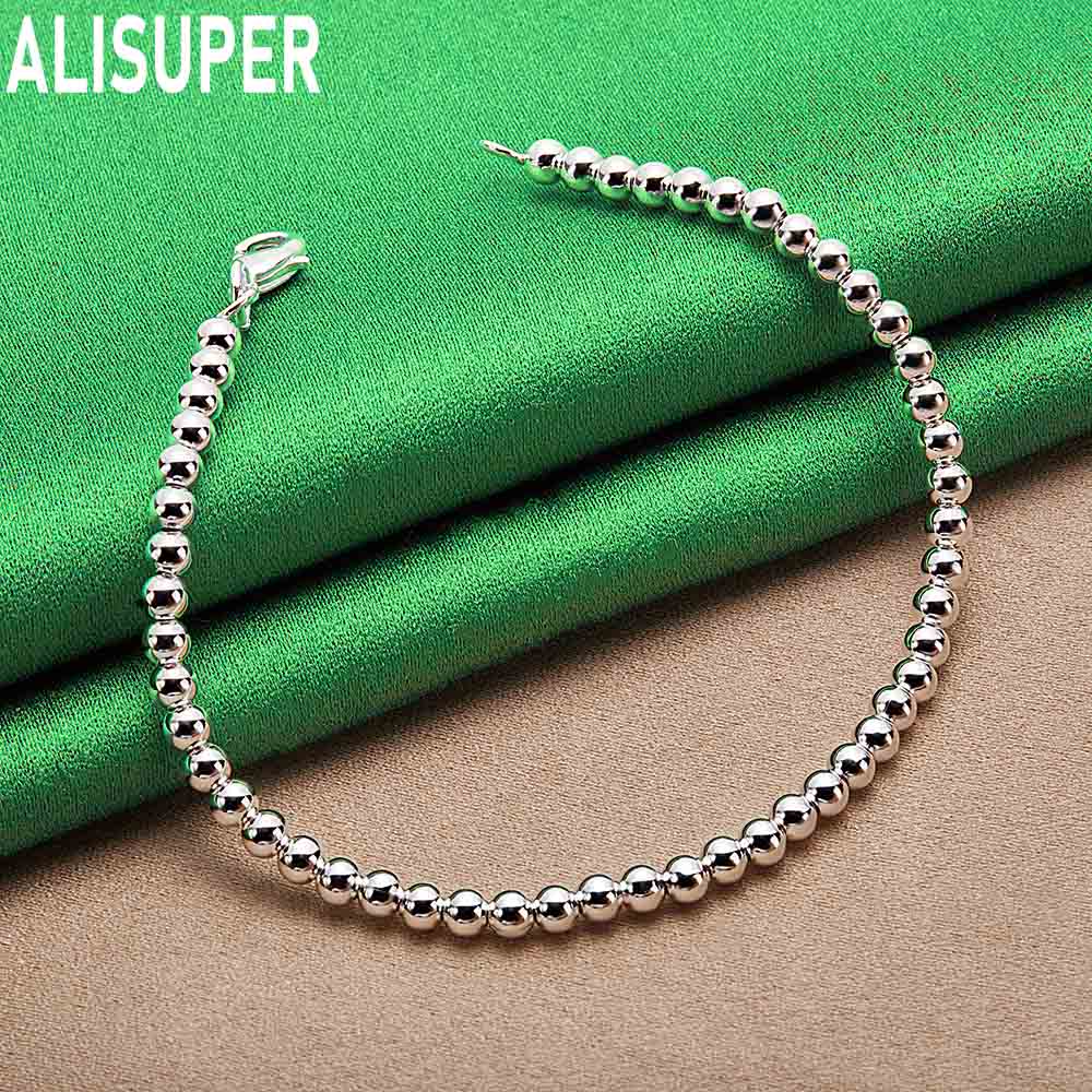 925 Sterling Silver 4mm Beaded Side Chain Bracelet - Elegant Gift Jewelry