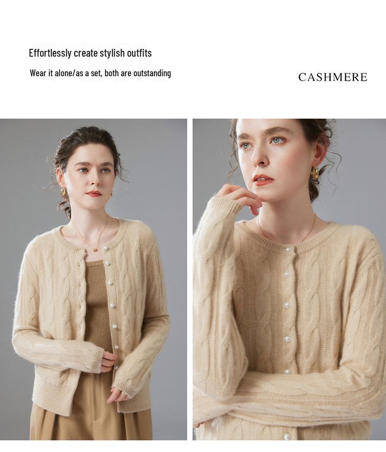 2025 Autumn/Winter Women's Chic Cashmere Cable Knit Cardigan with Pearl Buttons