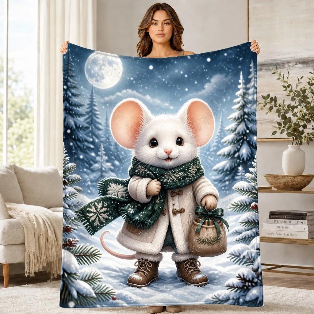 Winter Mouse Coral Fleece Blanket Woodland Animal Decor