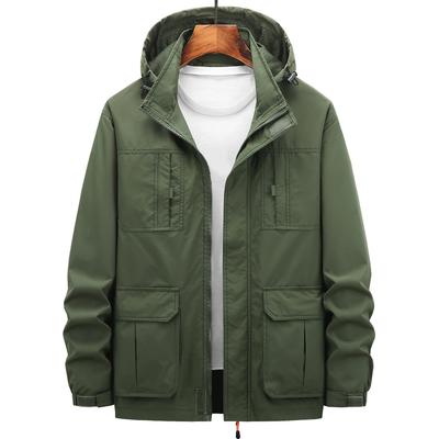 Herren Frühling und Herbst Herrenjacke Lässig Stehkragen Lockere Jacke Mehrere Taschen Abnehmbare Kapuze Outdoor Stoß Kleidung