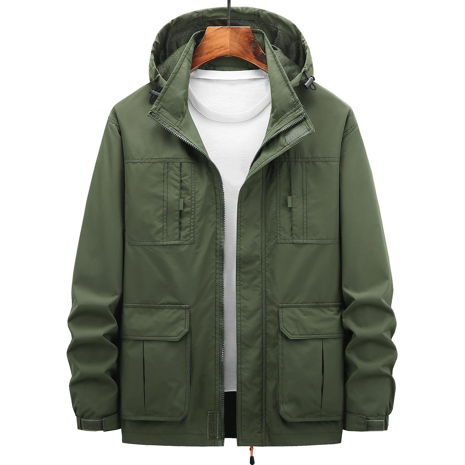 

Men s Spring and Autumn Men s Jacket Casual Stand Collar Loose Jacket Multi-Pocket Removable Cap Outdoor Shock Clothes M